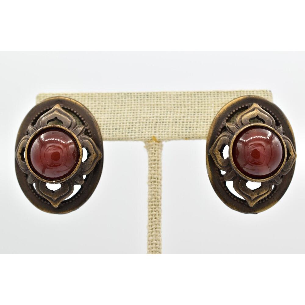 Ginnie Johansen Amber Cabochon Clip On Earrings Brass Chunky Signed 1980s BinBK